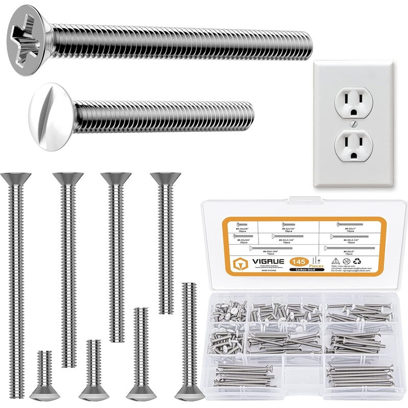 VIGRUE 145PCS Extra Long Outlet Screws - White Machine Screws for Wall Plate & Device Mounting - Image 1